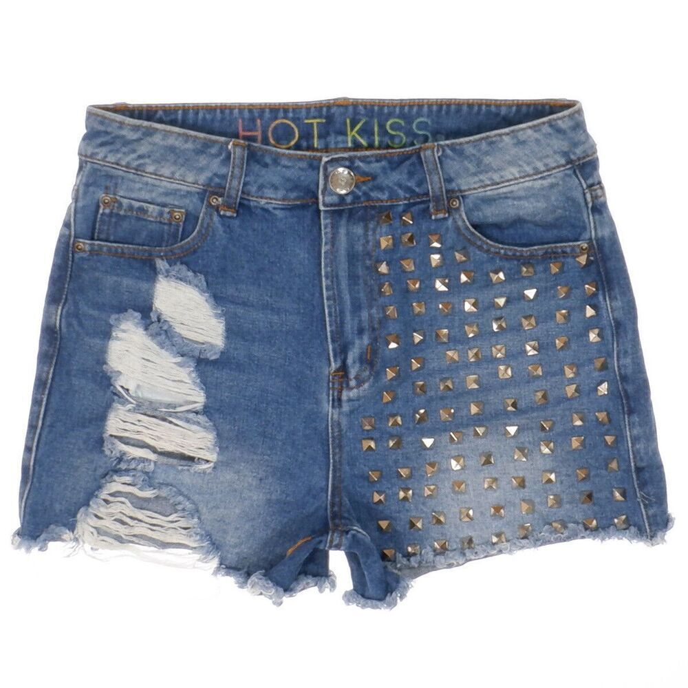 Hot Kiss Shorts 9 W30 Super High Rise Studded Distressed Raw Hem Blue Juniors